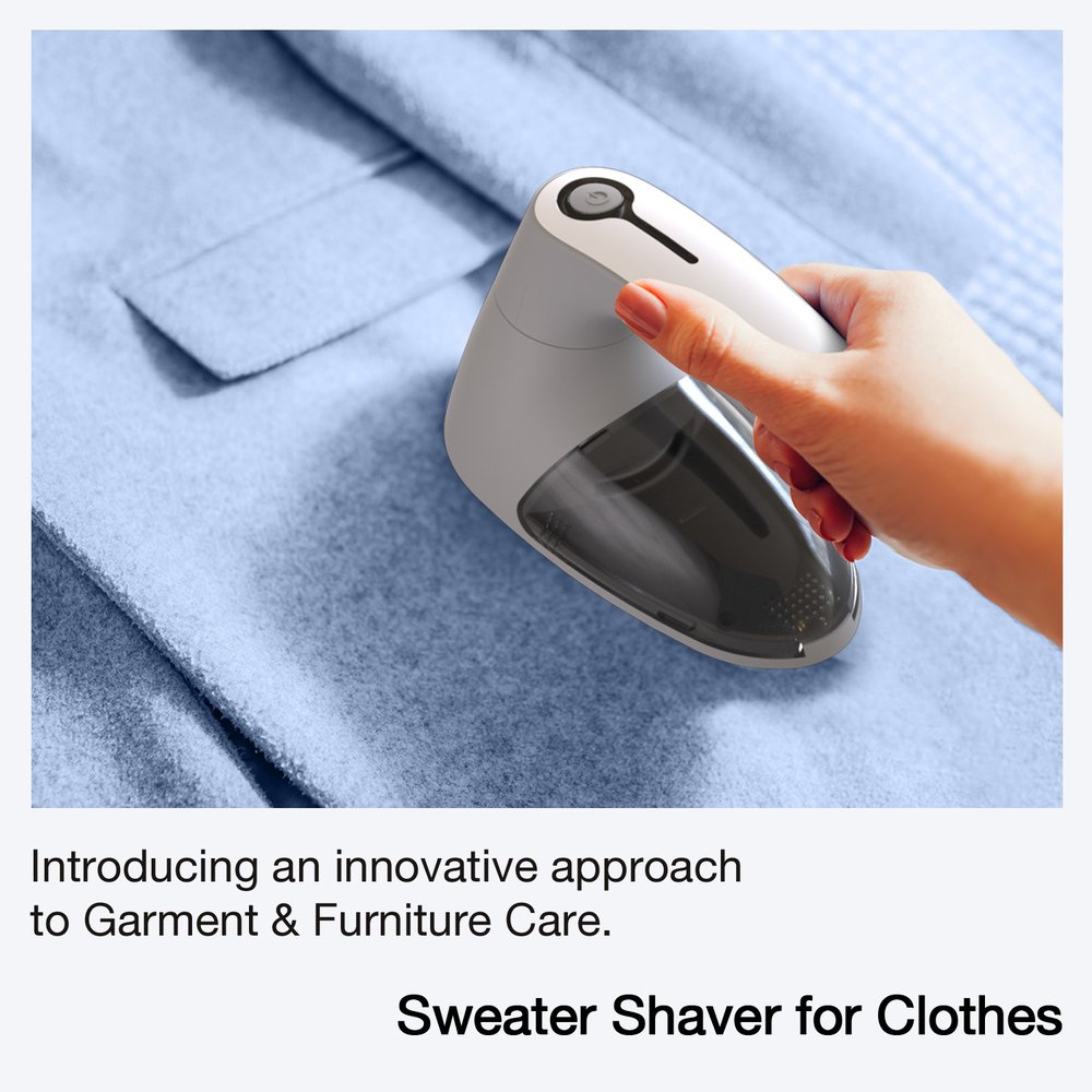 Sweater shaver on a blue shirt